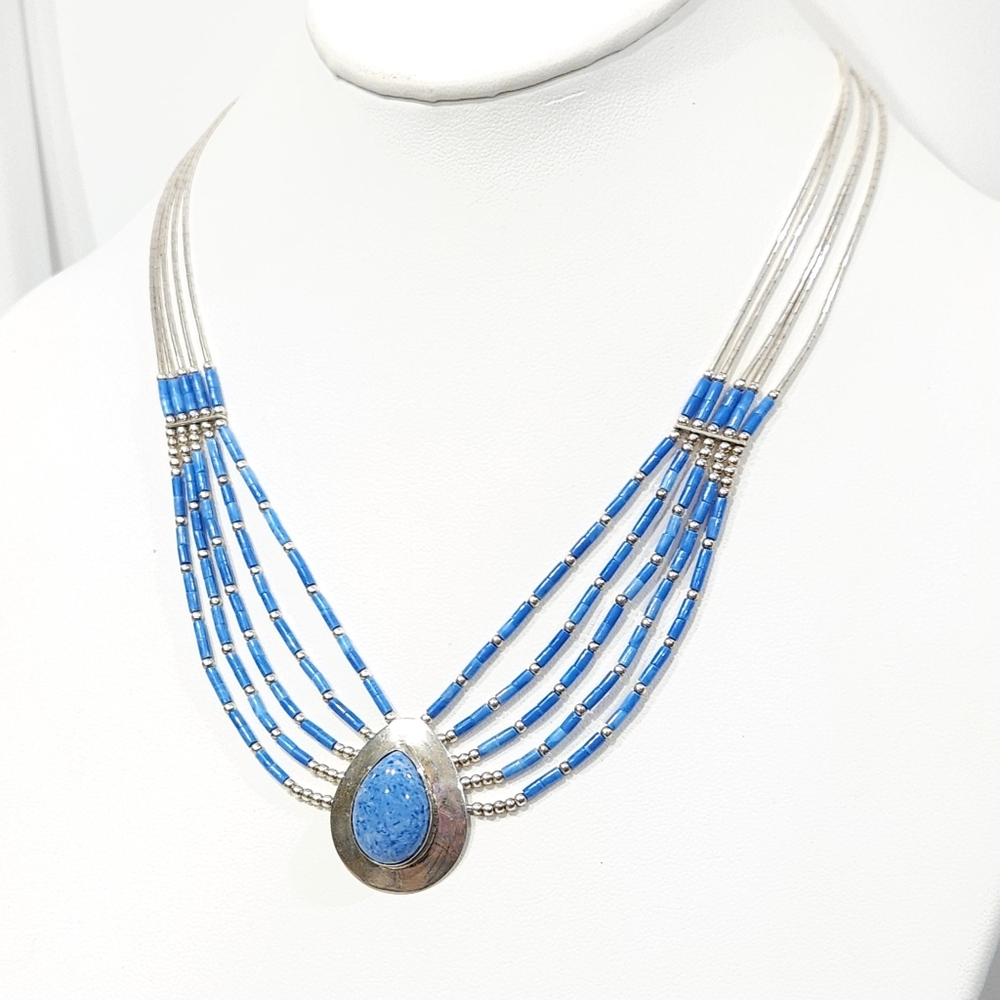 Native American C Jones Denim Lapis Blue Stone Sterling Liquid Silver Necklace